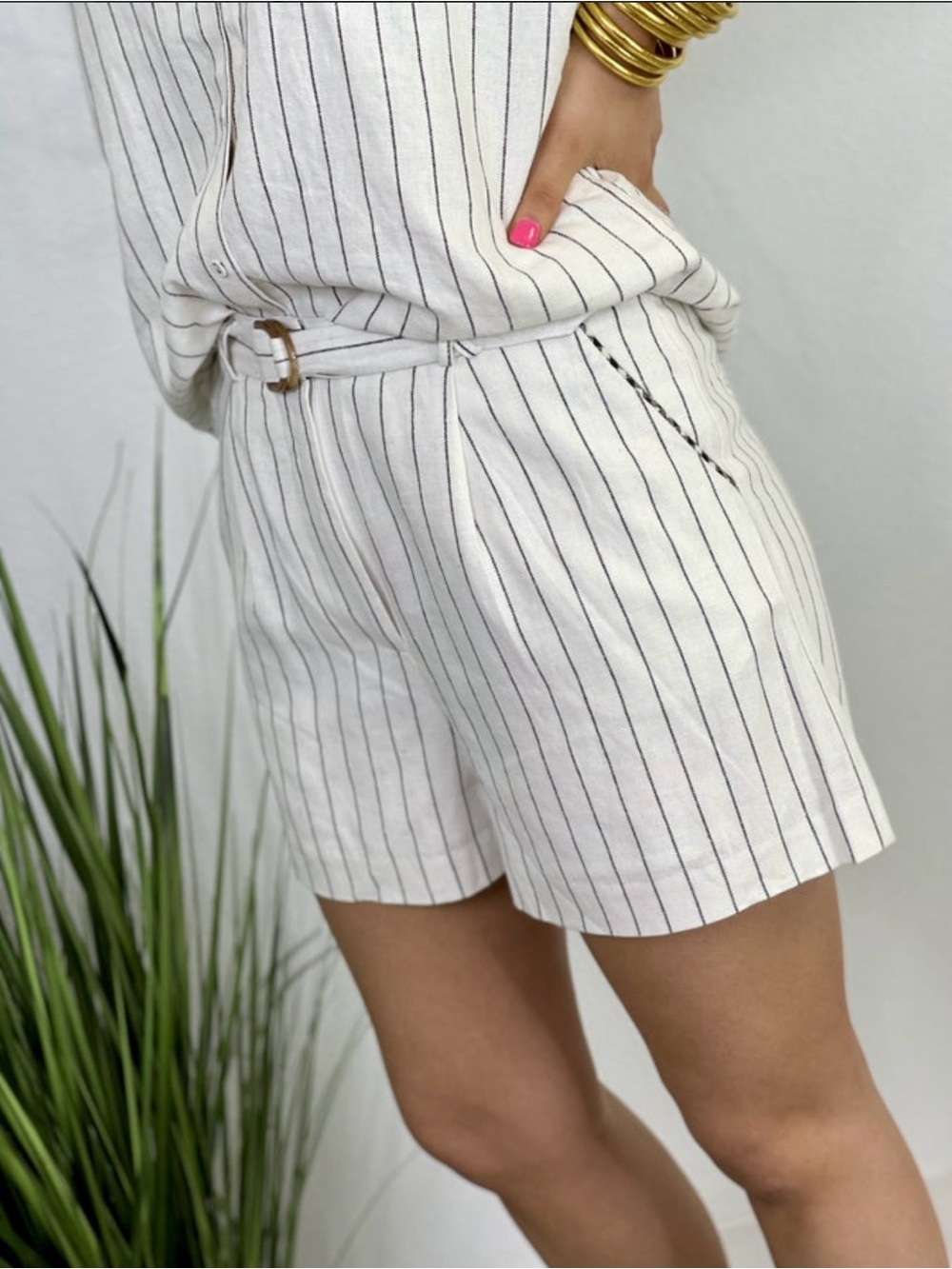 Skies Are Blue Off White Pinstripe High-Waist Belted Women’s Shorts